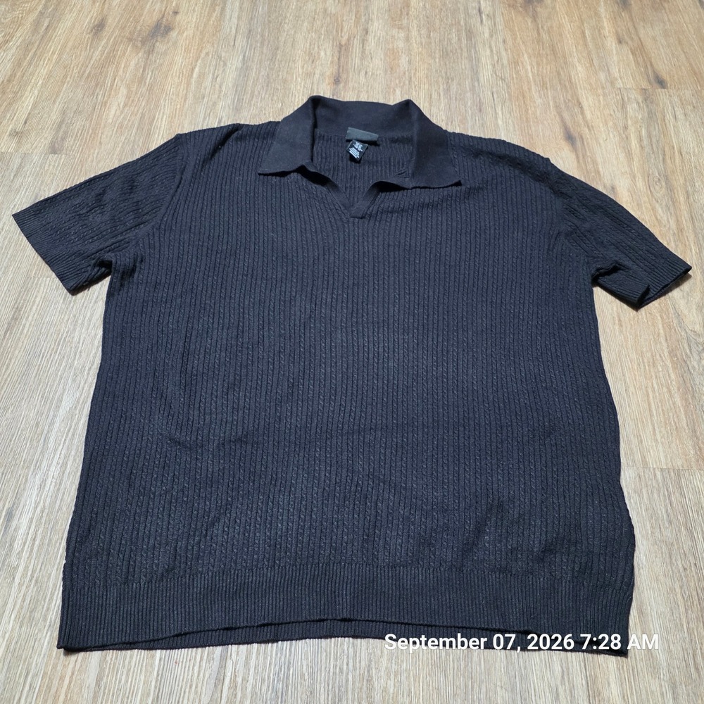 HM Mens Regular Fit Black Cable Knit Polo Shirt Short Sleeve V-Neck XL